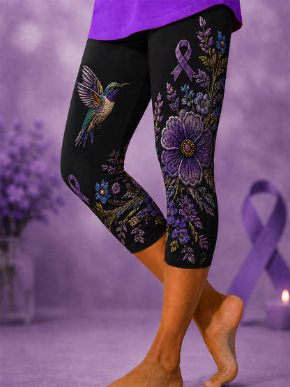 Kvinders lilla blomster & Hummingbird Print Alzheimers opmærksomhed Støtte beskårne Leggings