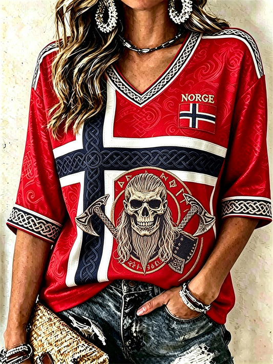 Kvinner Norge Viking Skull Celtic Knutflagg Skriv ut midt lengde ermer V-hals T-shirt