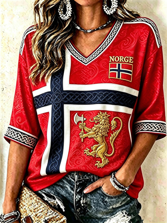 Kvinnerløveviking Keltisk knutflagg Skriv ut midt lengde ermer V-hals T-shirt