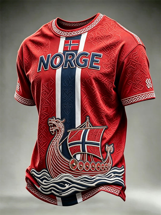 Herre-T-skjorte fra Norge med trykk av vikingskip, keltisk knute og flagg, kortermet