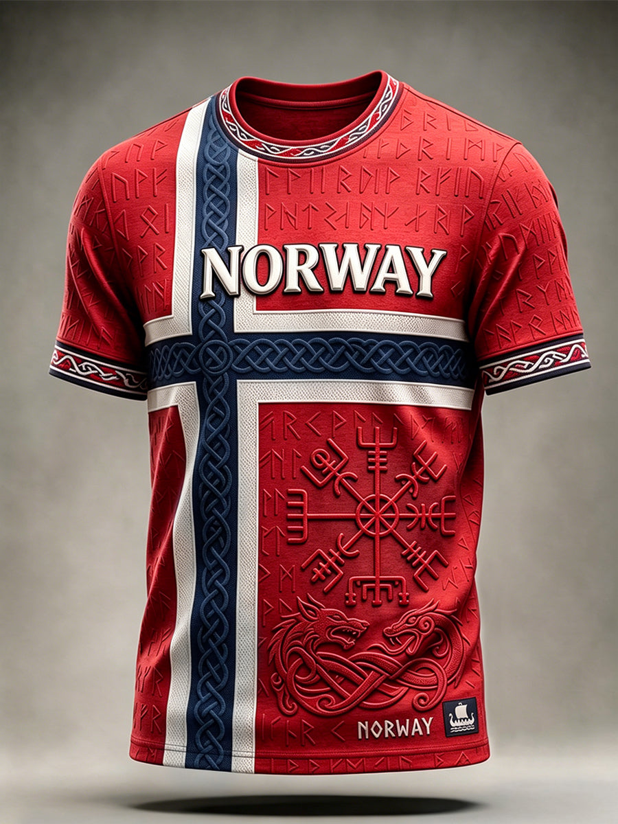 Menns Viking inspirert mønster Keltisk Norge Flagg utskrift Kort ermer T-skjorte