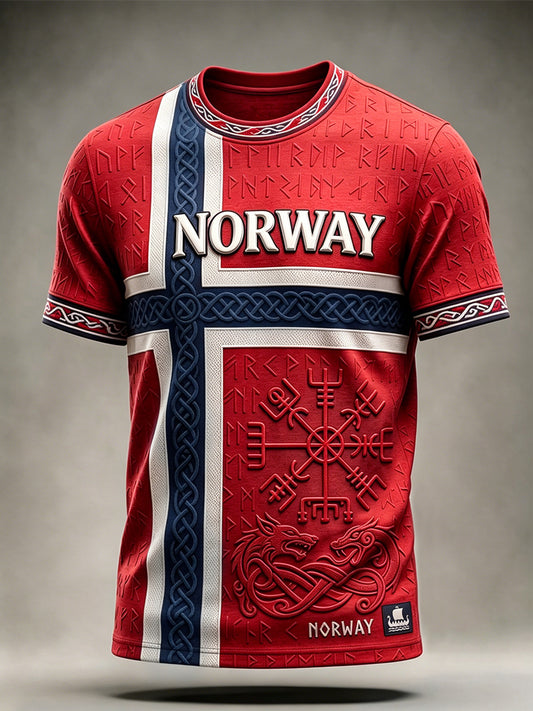 Menns Viking inspirert mønster Keltisk Norge Flagg utskrift Kort ermer T-skjorte