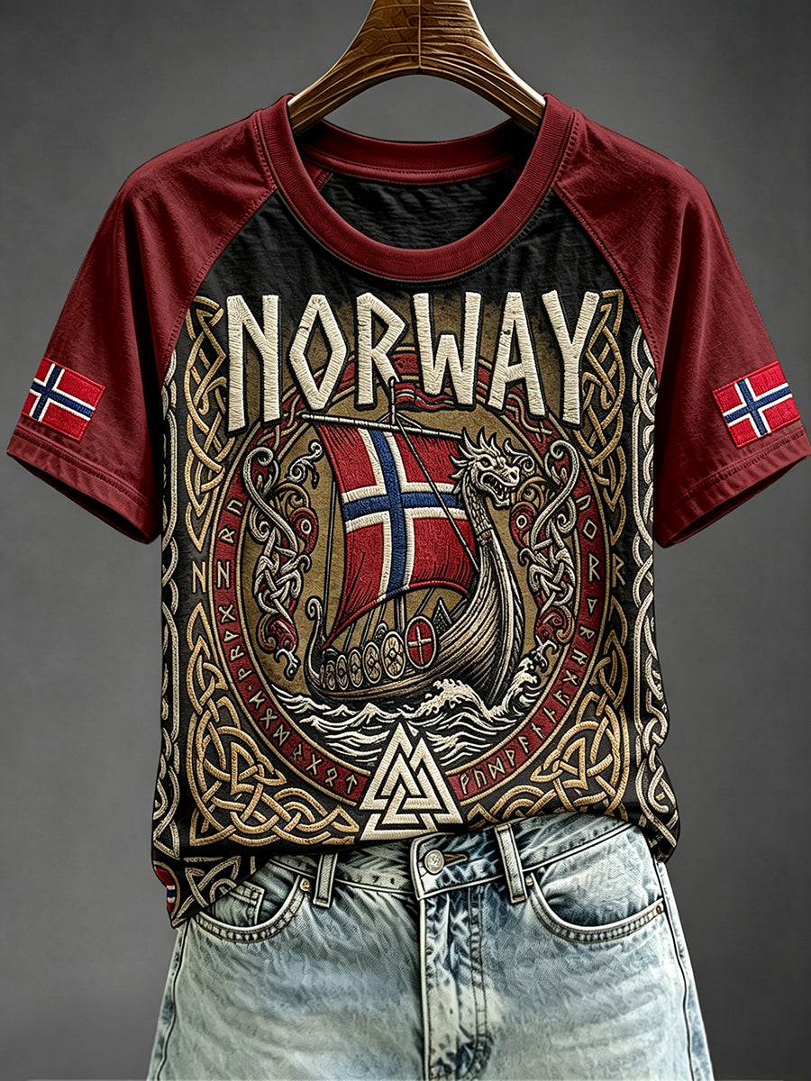 Kvinners Viking Inspirert mønster Norge Flag utskrift rund hals Kort erme T-skjorte