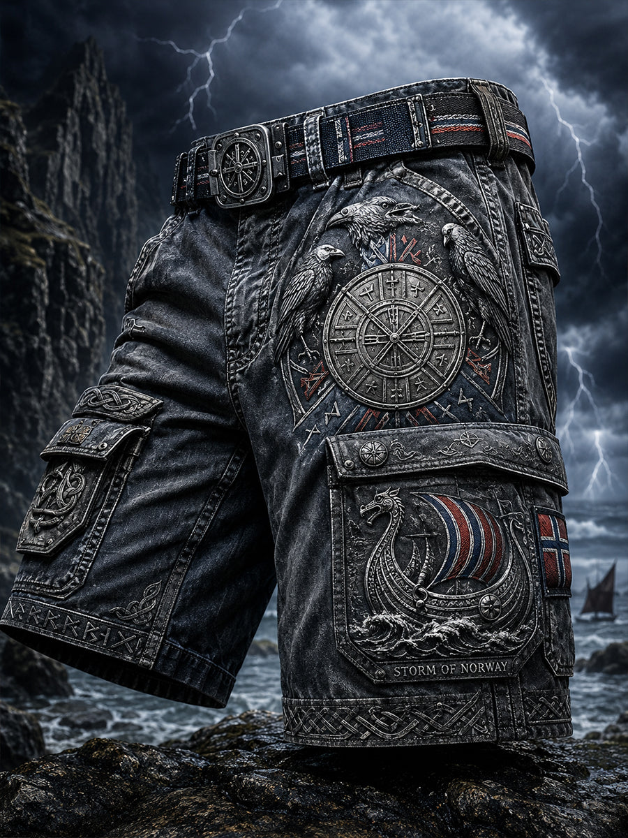 Fritidsbukser med kunsttrykk i vintage vikingnordisk stil