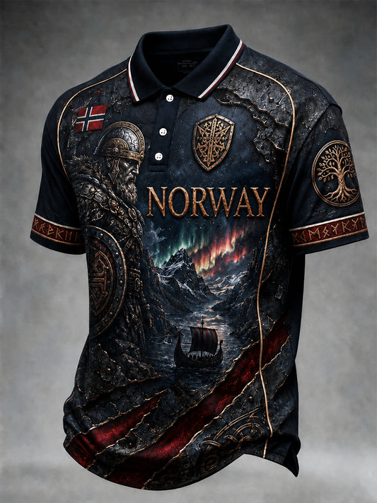 Retro nordisk vikingstil grafisk avslappet poloskjorte