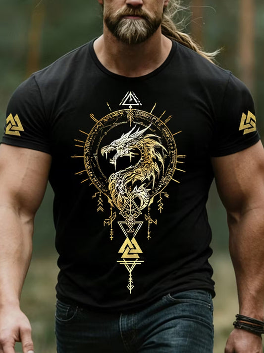 Retro vikingisk nordisk stil grafisk trykk avslappet t-skjorte