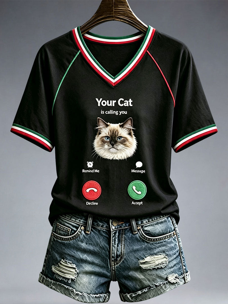 Kvinders sjove kat V-hals T-shirt