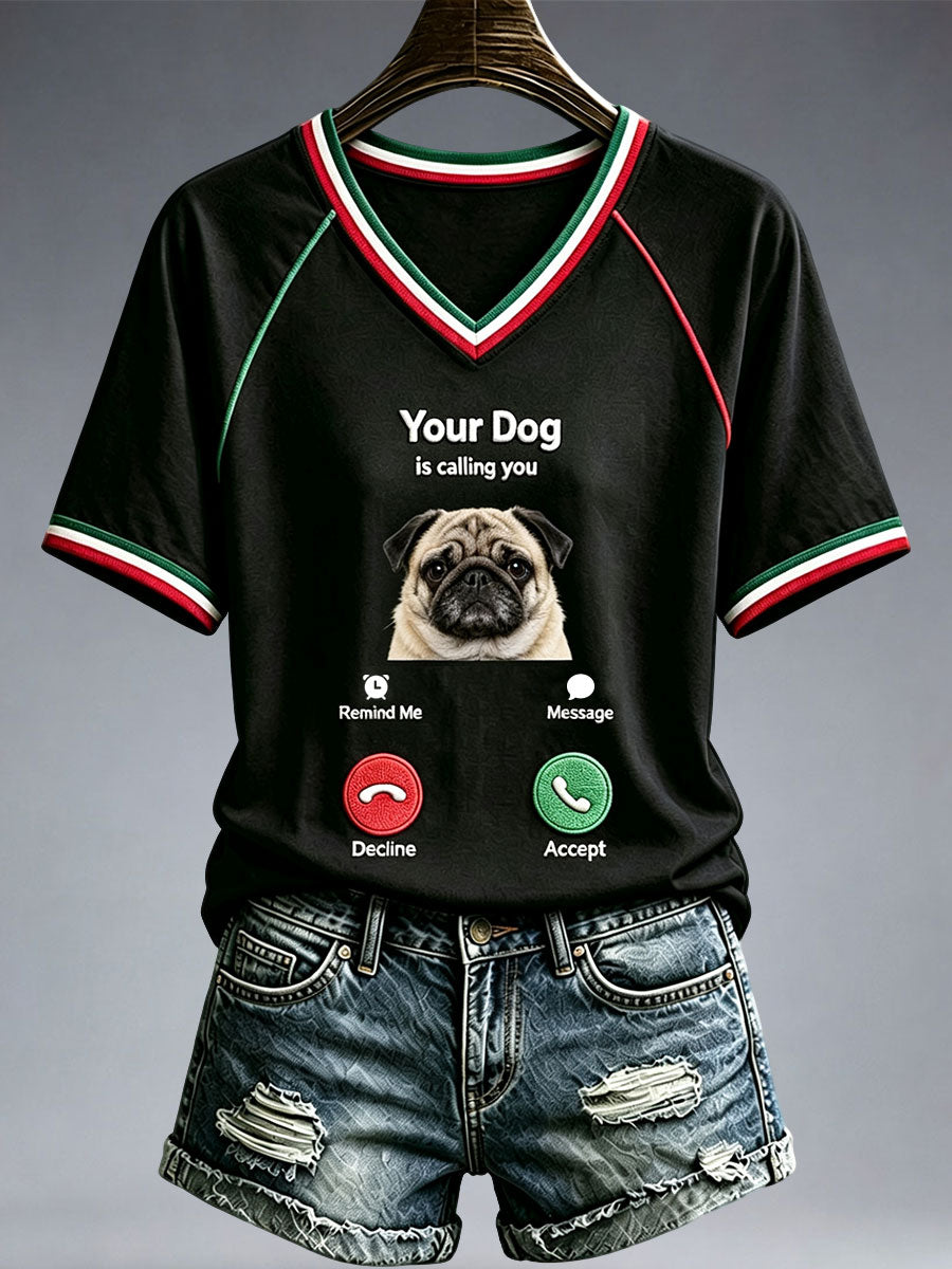Kvinders sjove Pug V-hals T-shirt