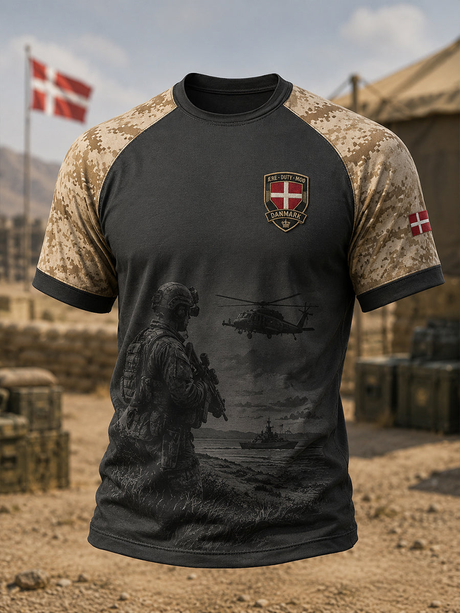 Mænds raglan-T-shirt med korte ærmer og militær camouflageprint