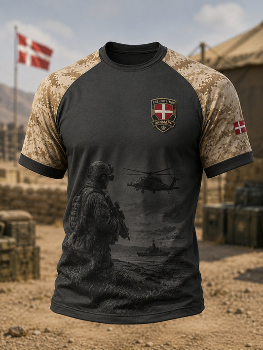 Mænds raglan-T-shirt med korte ærmer og militær camouflageprint