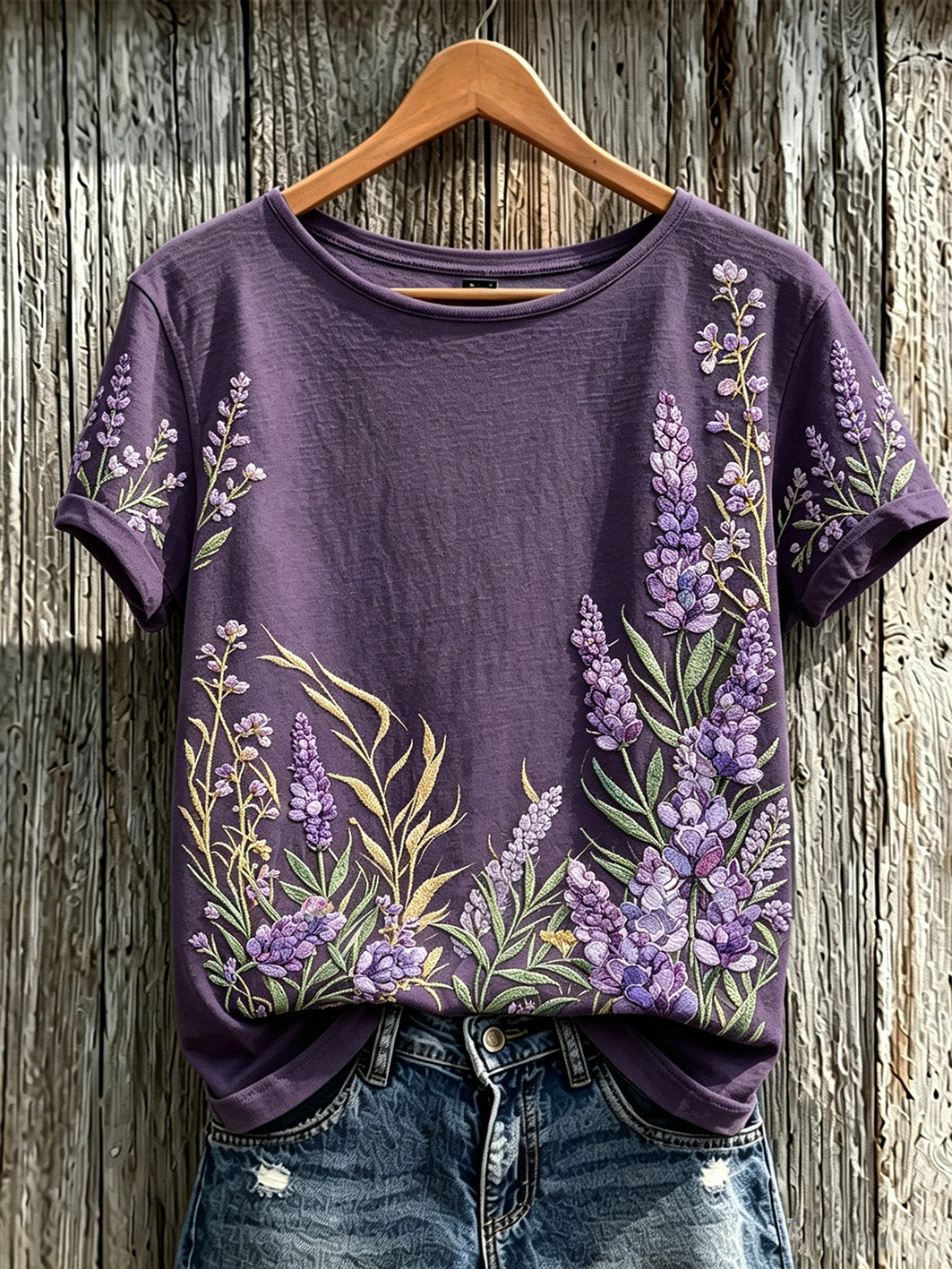 Damens lilla plante blomster mønster trykt Casual Short-Sleeved T-skjorte