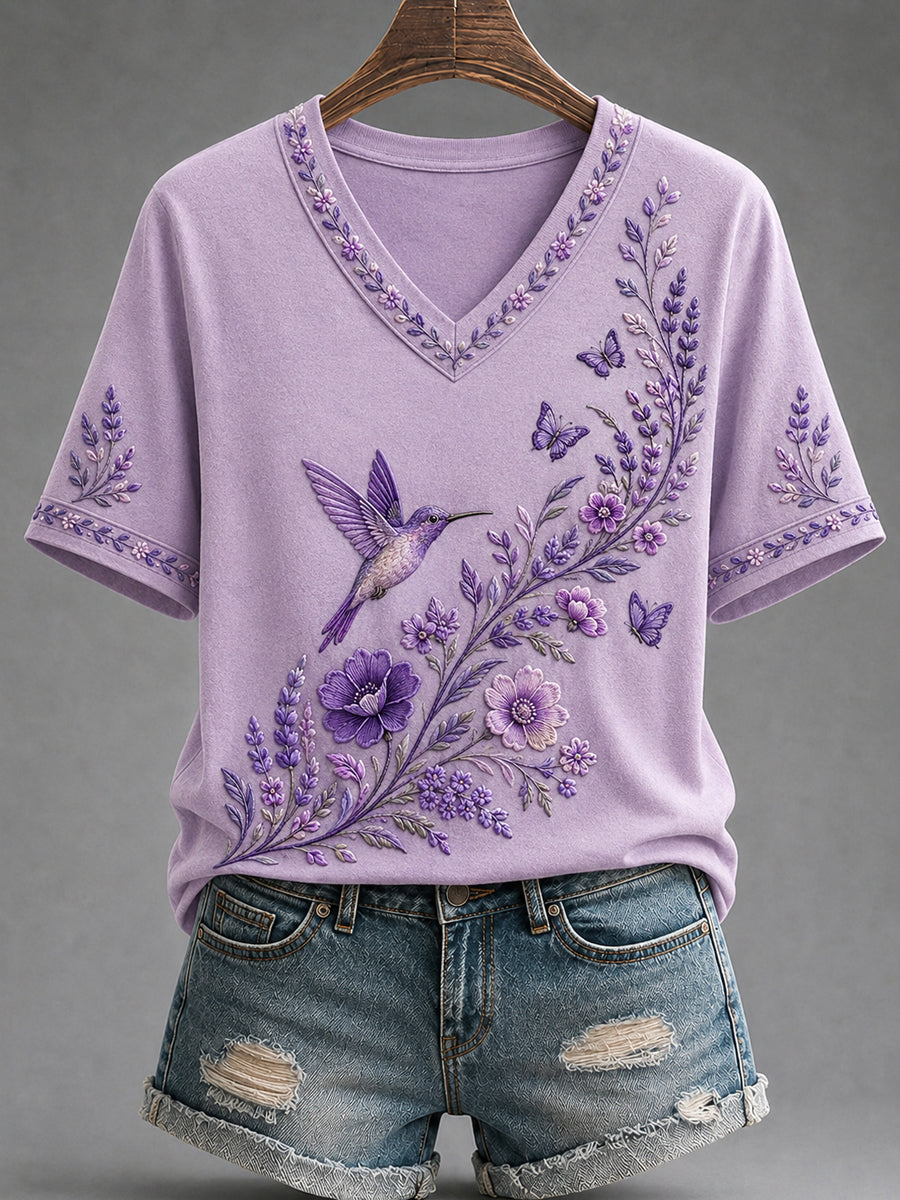 Kvinner lilla blomster og kolibri skriver ut Alzheimers bevissthetsstøtt V-Neck Tee