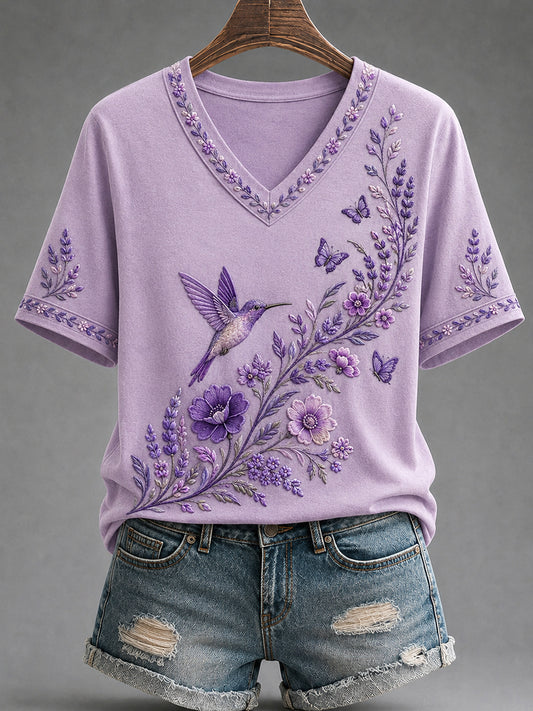Kvinner lilla blomster og kolibri skriver ut Alzheimers bevissthetsstøtt V-Neck Tee