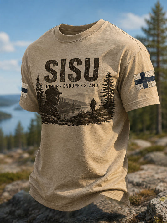 Miesten Sisu-päätös suomalainen vuoristaruhtinaus -painatus rento t-paita