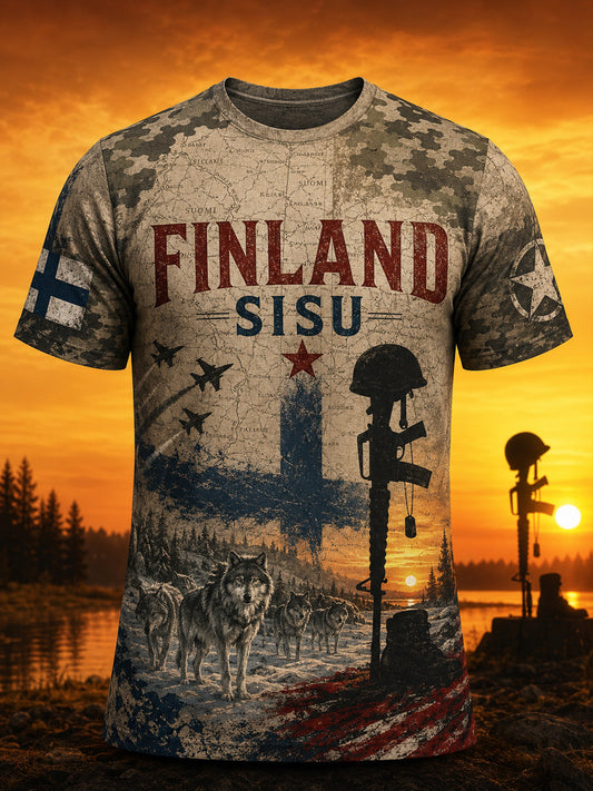 Miesten Sisu-perintö kulttuurielementit taidepainatukset T-paita (suomalainen veteraani)