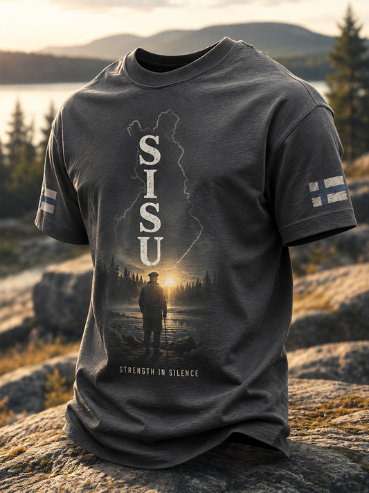 Miesten Sisu-päätös suomalainen vuoristaruhtinaus -painatus rento t-paita