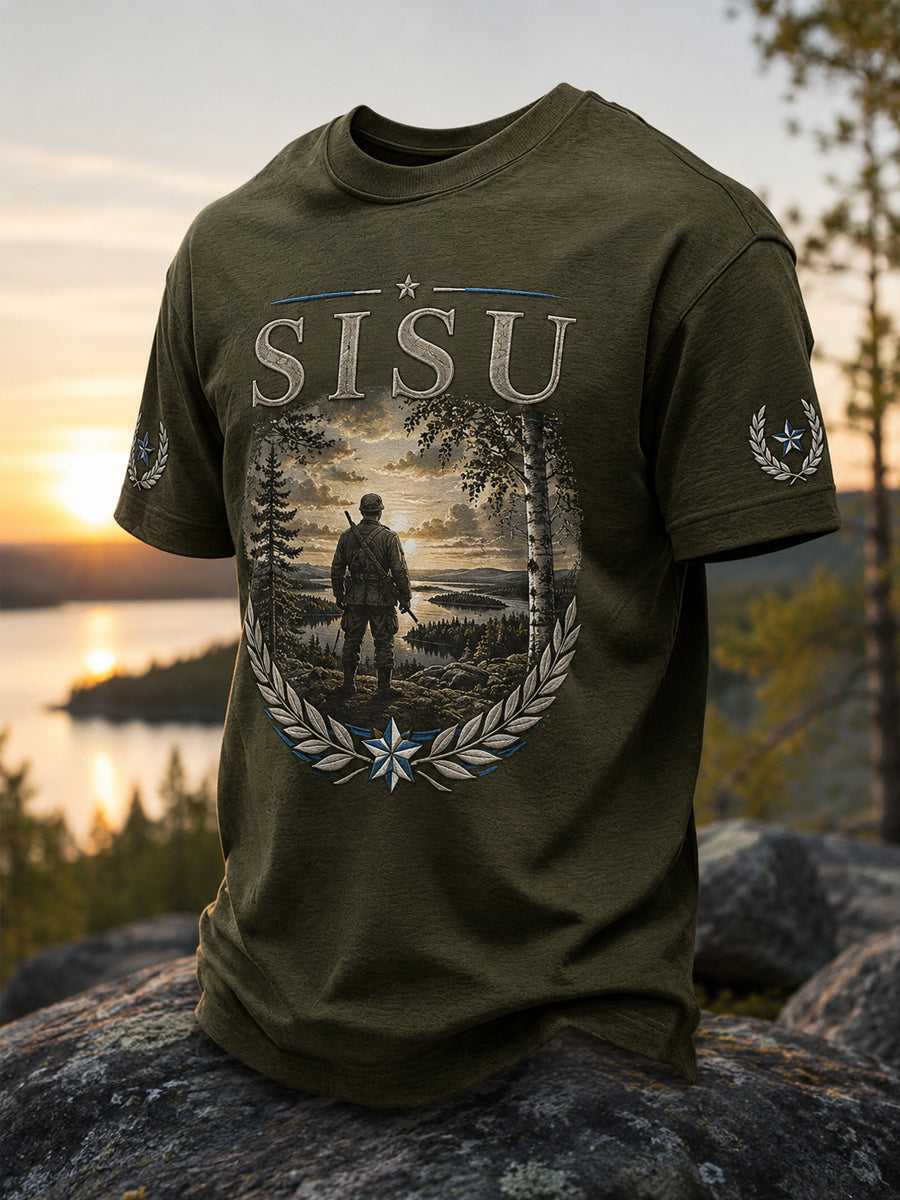 Miesten Sisu-päätös, suomalainen vuoristokurjuus -sitatisuunniteltu rento t-paita
