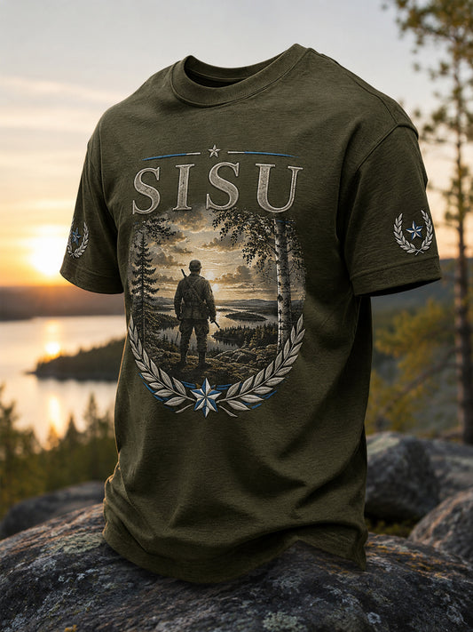 Miesten Sisu-päätös, suomalainen vuoristokurjuus -sitatisuunniteltu rento t-paita