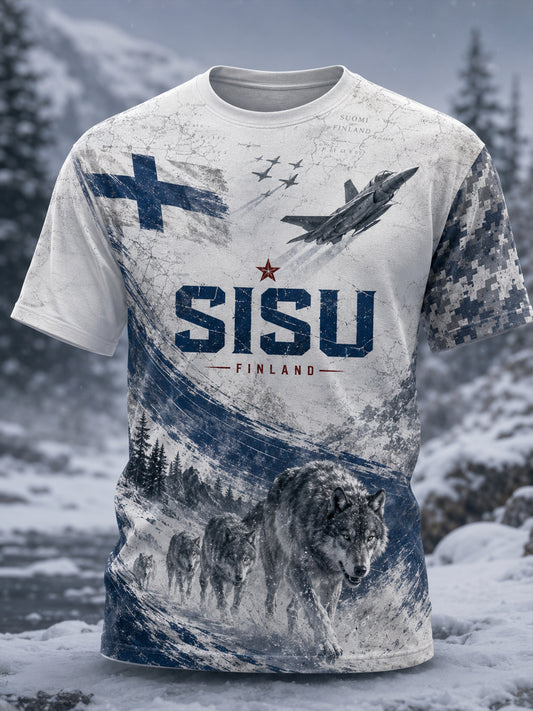 Miesten Sisu-perintö kulttuurielementit taidepainatukset T-paita (suomalainen veteraani)