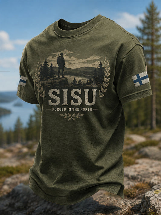 Miesten Sisu-päätös suomalainen vuoristaruhtinaus -painatus rento t-paita