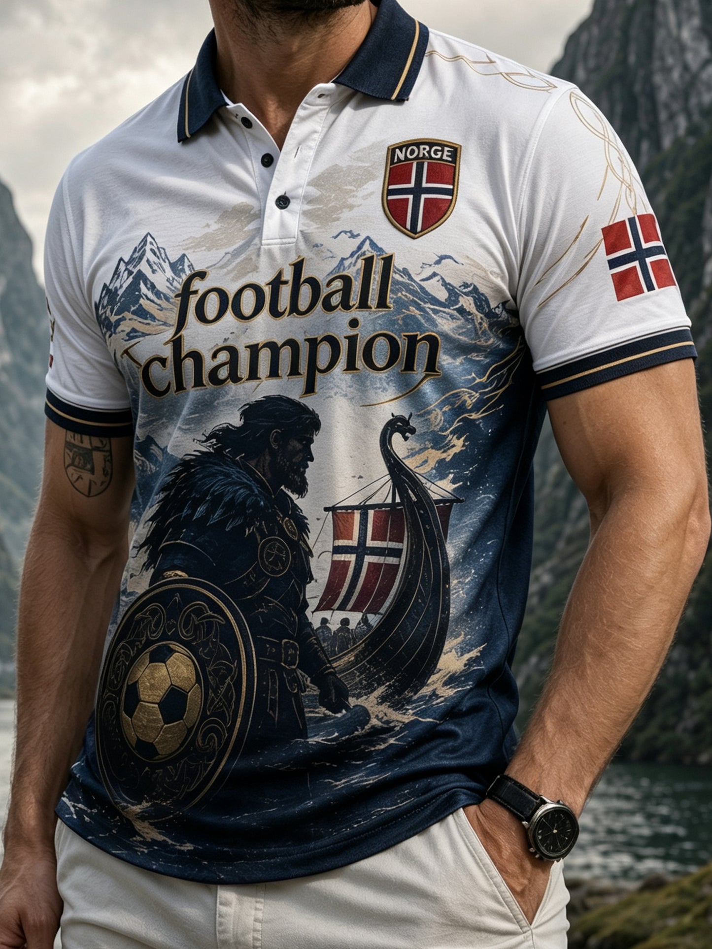 Menns polo-skjorte med norsk viking-inspirert patriotisk kulturkunsttrykk