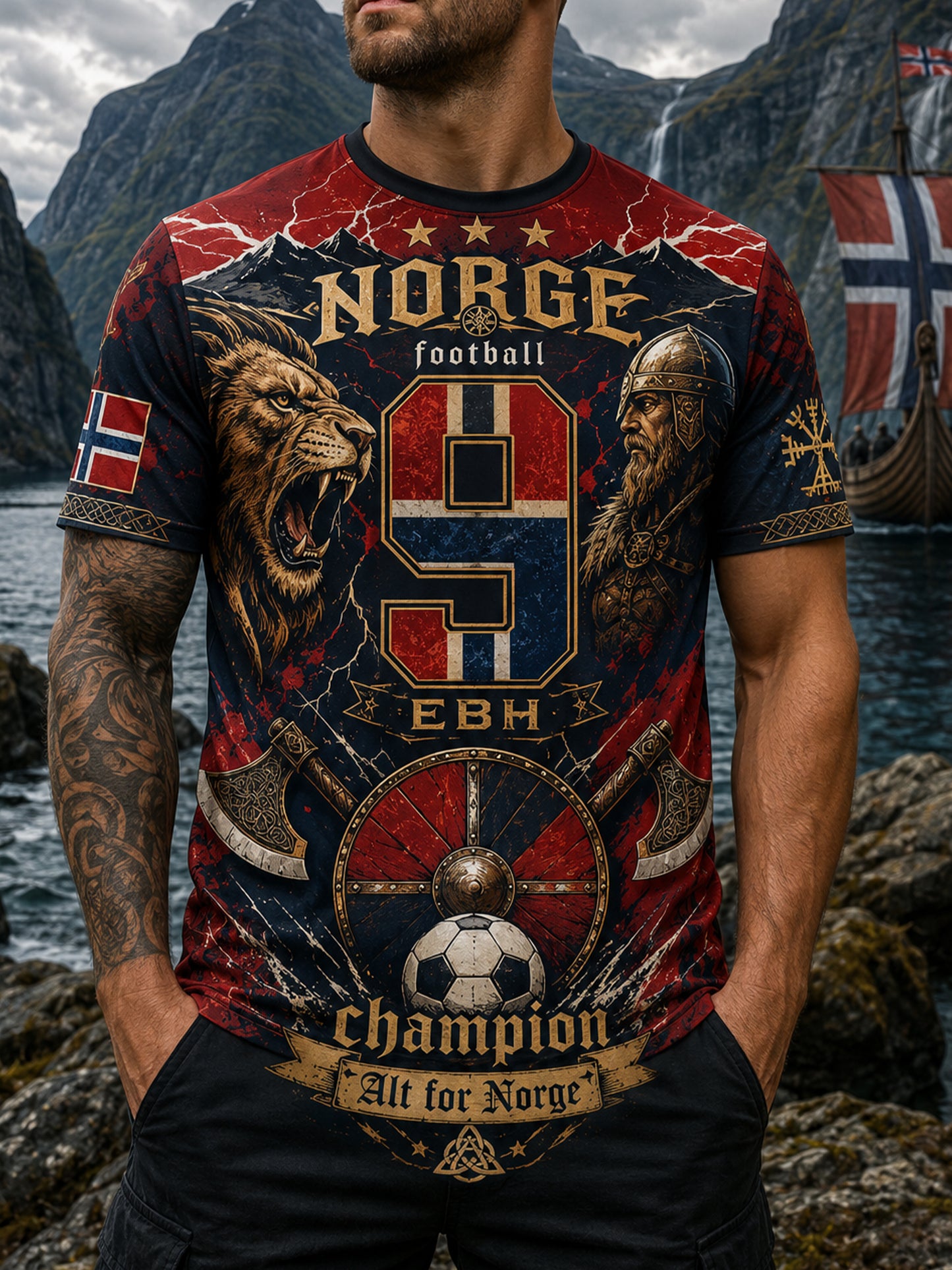 Herrer T-skjorte med norsk viking-inspirert patriotisk kulturkunsttrykk