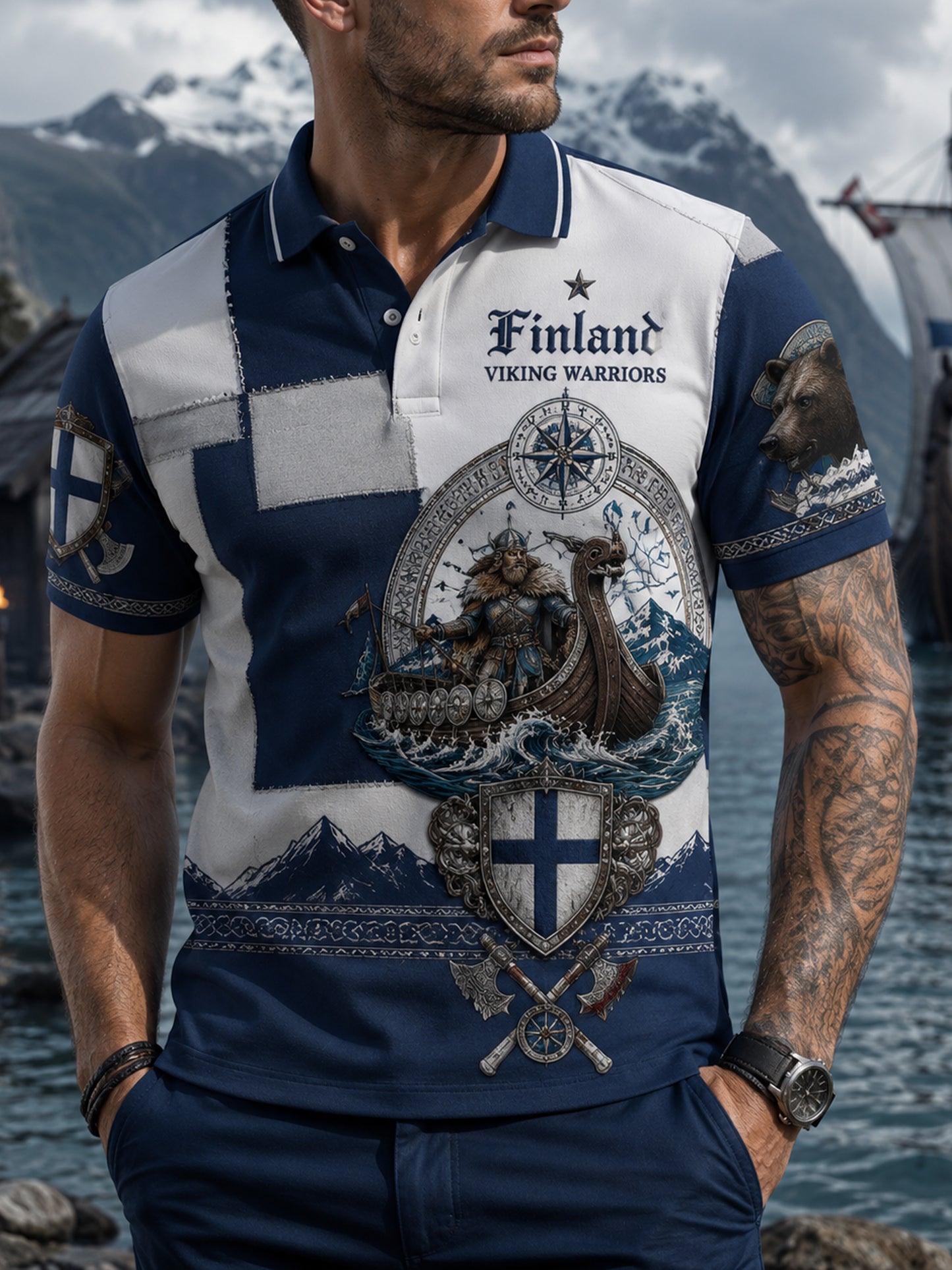 Herreskjortet med finsk vikingmotiv, patriotisk kulturelt element og kunsttrykk