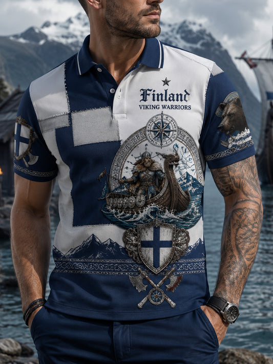 Herreskjortet med finsk vikingmotiv, patriotisk kulturelt element og kunsttrykk