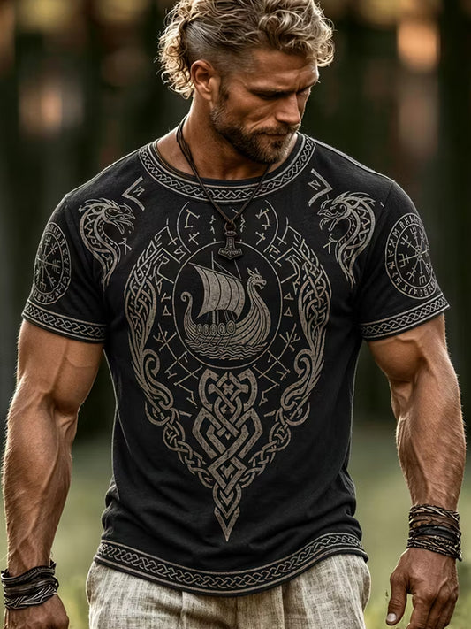 Retro viking-/nordiskstil kunsttrykk avslappet t-skjorte