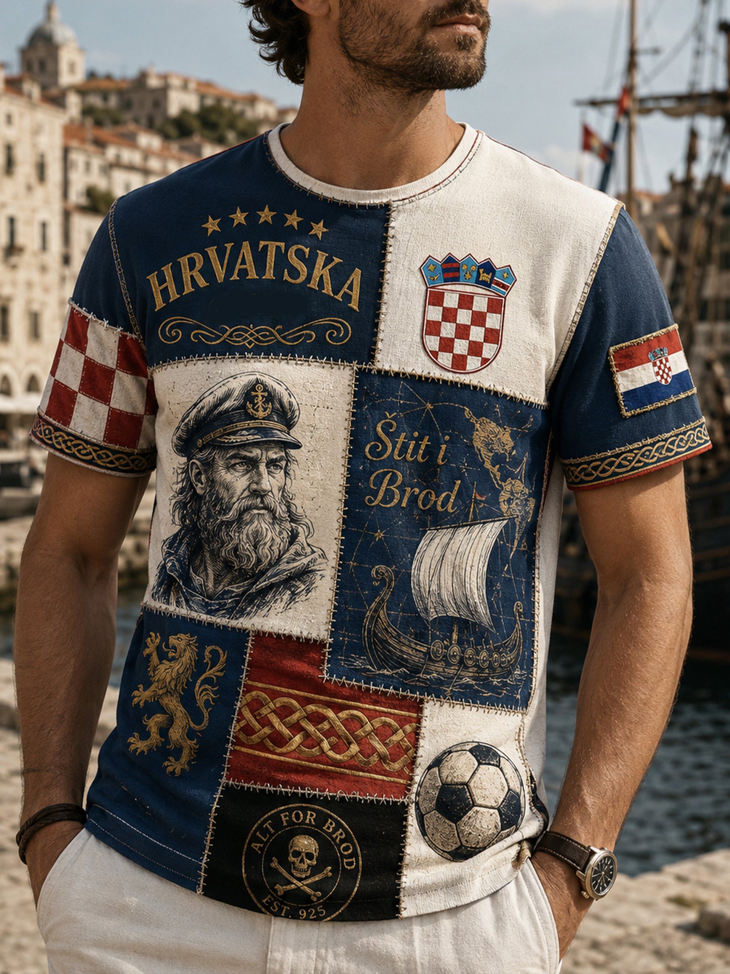 Herrer T-skjorte med kroatisk piratmotiv kunsttrykk