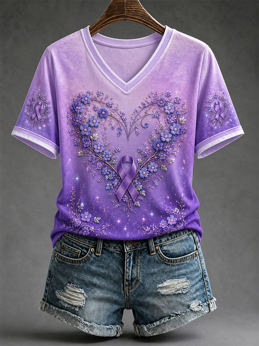 Dame-T-shirt med lilla blomsterprint, til støtte for alzheimers-indsatsen, med V‑udskæring