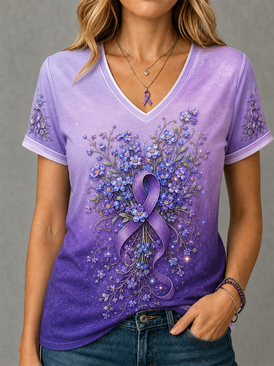 Kvinders lilla blomster Print Alzheimers bevidsthed Support V-Neck Tee