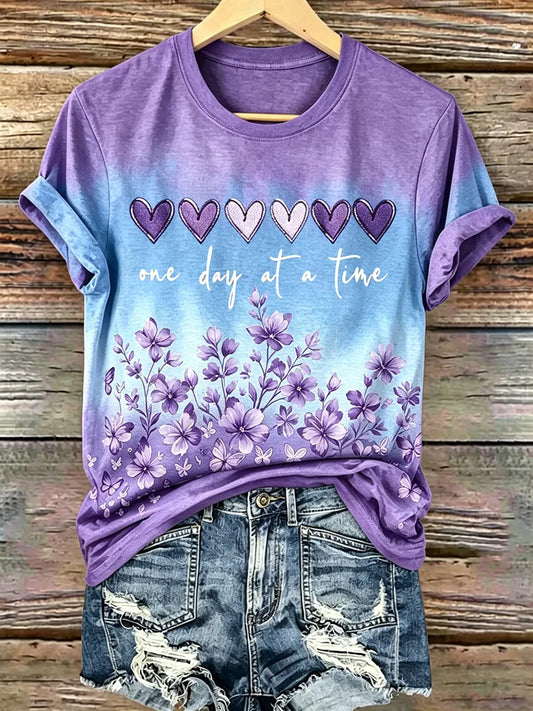 Dame-T-shirt med lilla blomster- og Alzheimers-bevidsthedsprint