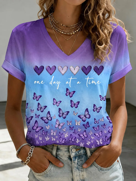 Kvinders Alzheimers-bevidsthedsstøtte Print T-shirt med V-udskæring