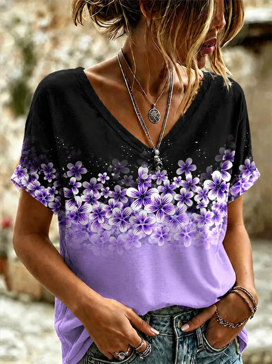Kvinders lilla blomster & Alzheimers bevidsthed Support Print V-Neck Tee