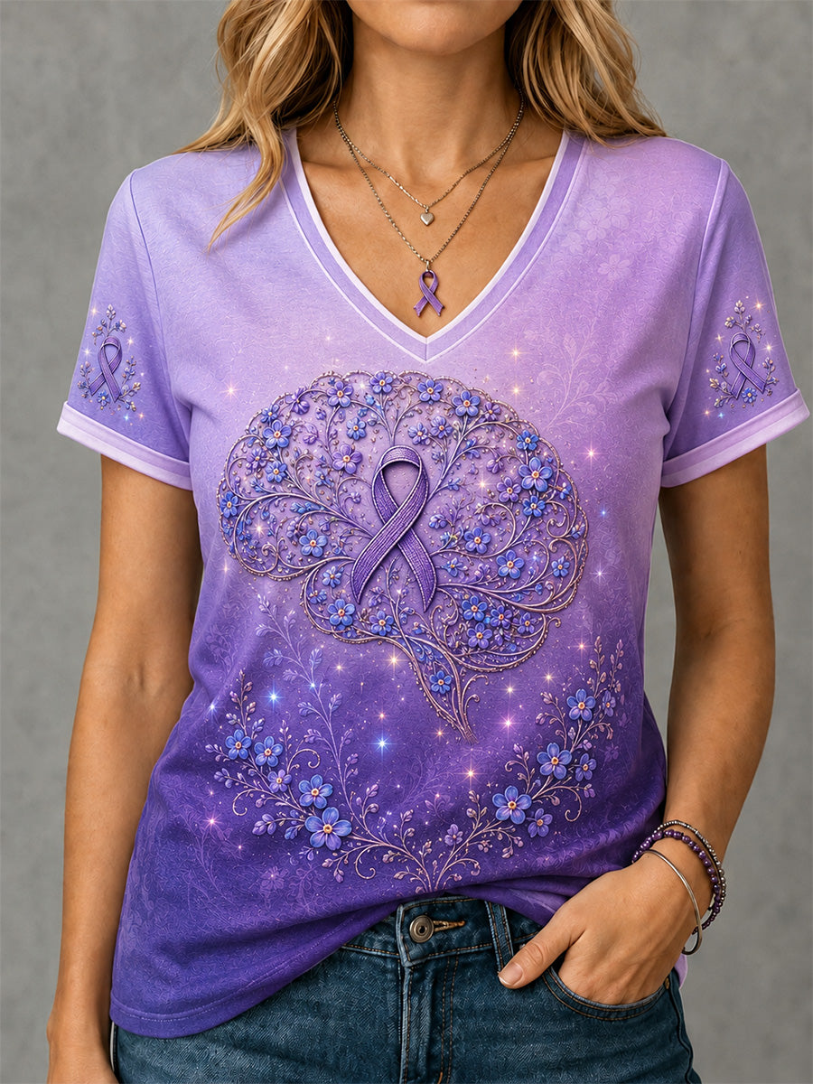 Kvinders lilla blomster & hjerne Print Alzheimers bevidsthed Support V-Neck Tee
