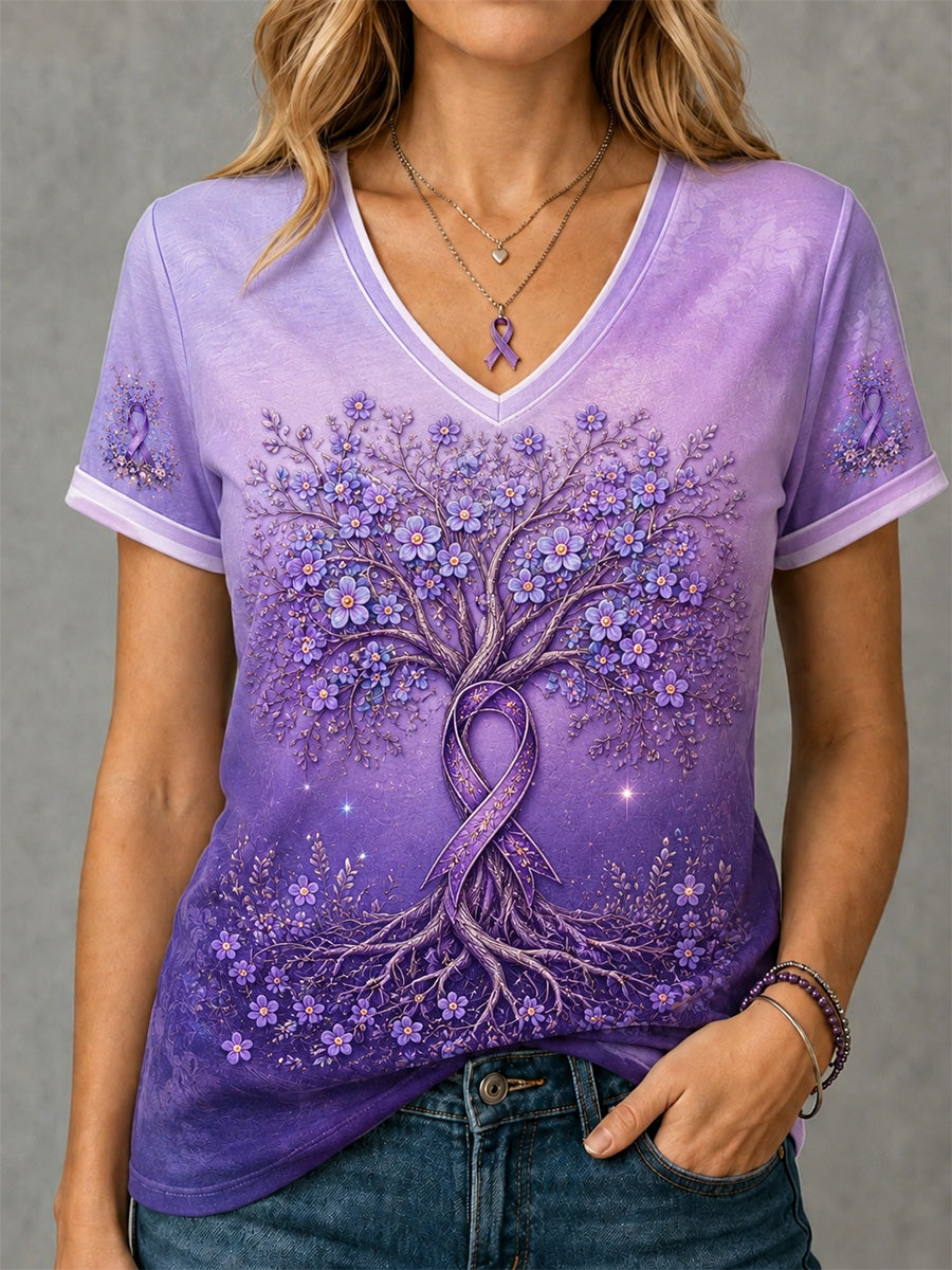 Kvinders lilla blomster & Træ af liv Print Alzheimers bevidsthed Support V-Neck Tee