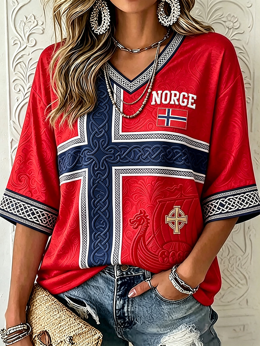 Kvinners Norge viking-inspirert keltisk flaggtrykk midtlange ermer V-utringning t-skjorte