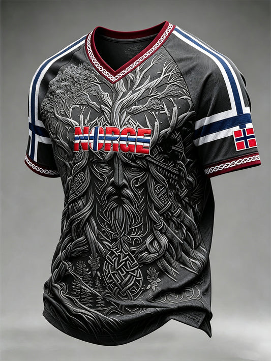 Herrerens retro vikingtrøye med norsk mønster og V-utringning