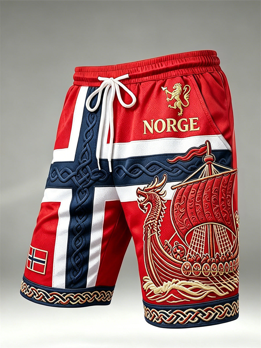 Herrshorts med trykk av Norges flagg, løve, vikingskip og keltisk knute, med dragsnor