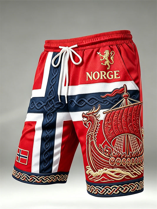 Herrshorts med trykk av Norges flagg, løve, vikingskip og keltisk knute, med dragsnor