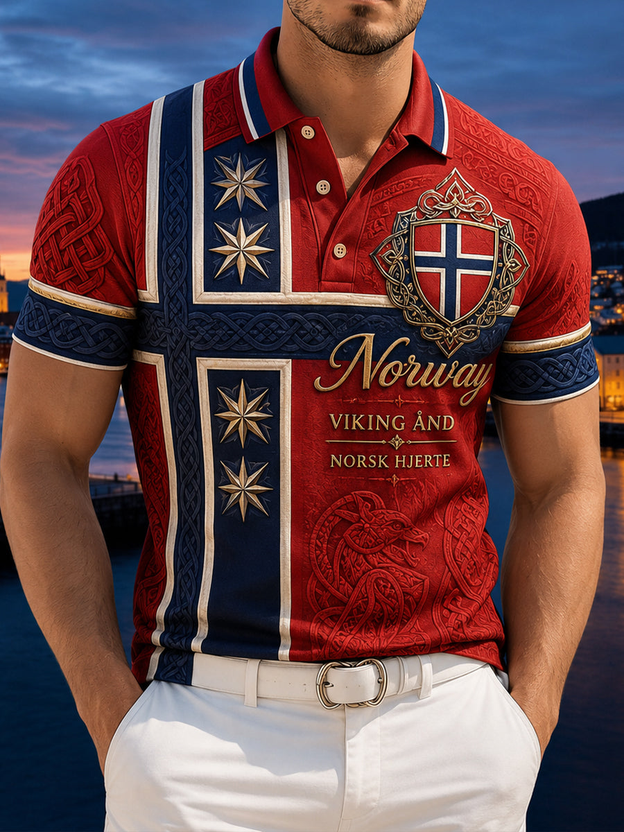 Menns norsk viking-inspirert patriotisk minnepolo med kunsttrykk