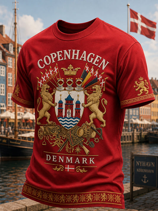 Herre-T-shirt med korte ærmer og grafisk print i vintage-stil med motiv af en by som souvenir