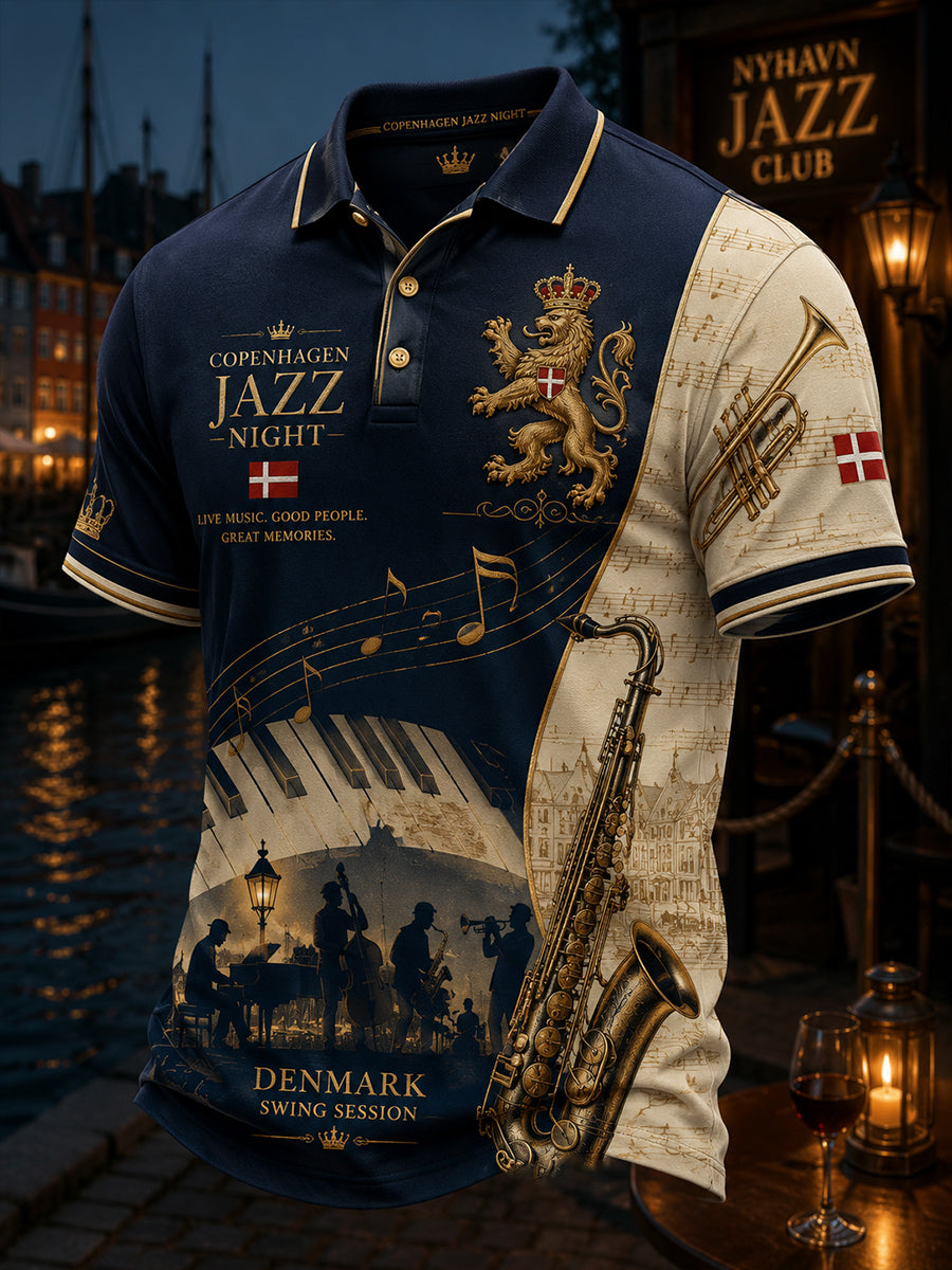 Polo-skjorte til mænd med korte ærmer og vintage jazzprint