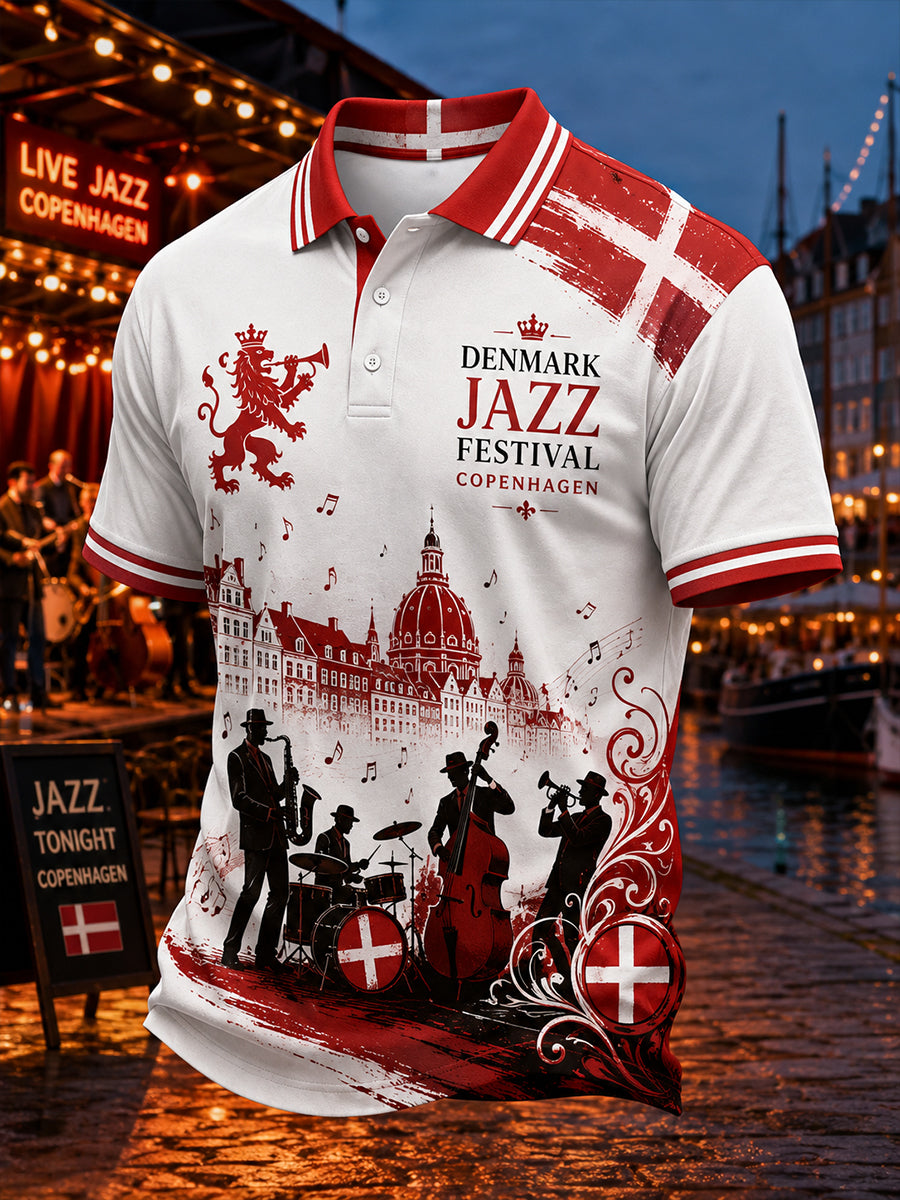 Polo-skjorte til mænd med korte ærmer og vintage jazzprint