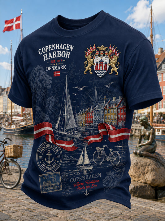 Herre-T-shirt med korte ærmer og grafisk print i vintage-stil med motiv af en by som souvenir