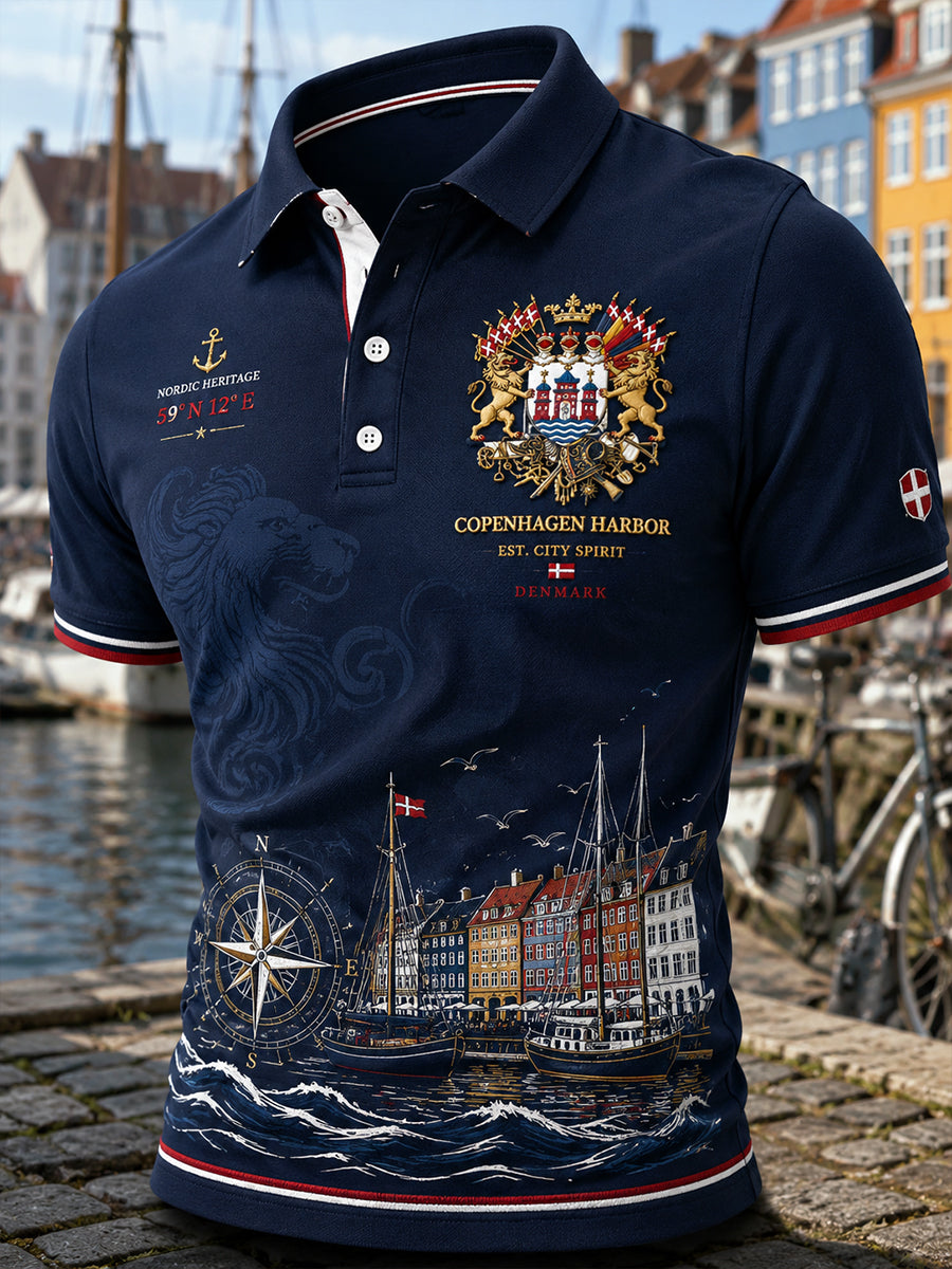 Polo-skjorte til mænd med kort ærme og grafisk print i vintage-stil med motiv af en by som souvenir