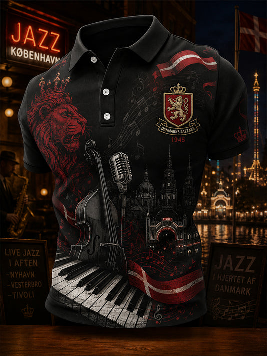 Polo-skjorte til mænd med korte ærmer og vintage jazzprint