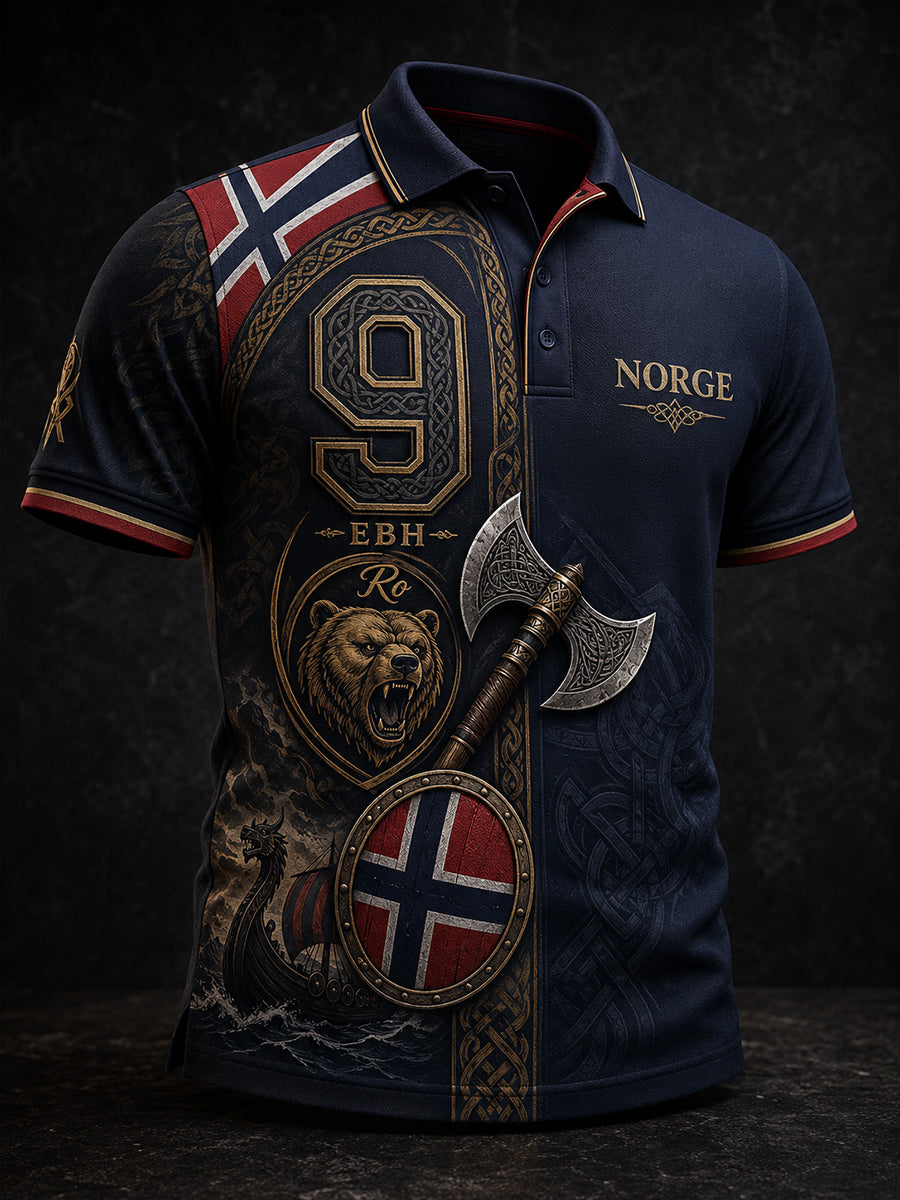 Menns polo-skjorte med norsk viking-inspirert patriotisk kunsttrykk