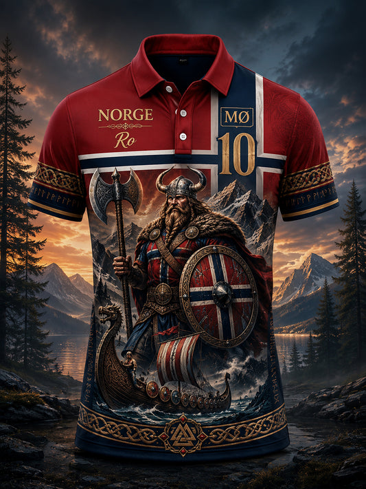 Menns polo-skjorte med norsk viking-inspirert patriotisk kunsttrykk
